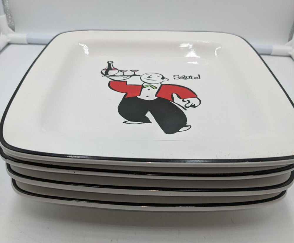 Rosanna 4 Appetizer Snack Plates Waiters Votre Sante/Salute/Cheers/Here's to Us