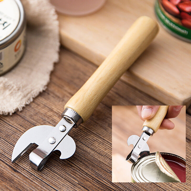 Stainless Steel Manual Can Opener with Wooden Handle for Cans and Beer Bottles