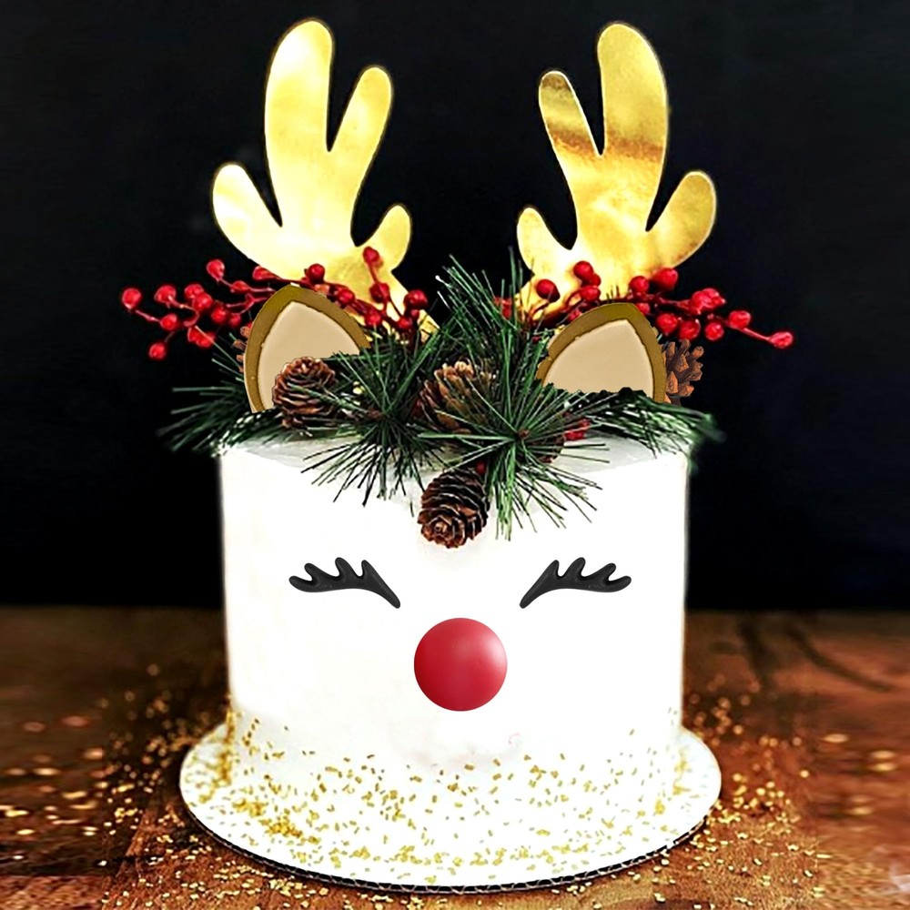 Christmas Cake Topper Decorations with Reindeer Eyelashes Ears for Merry Chri...