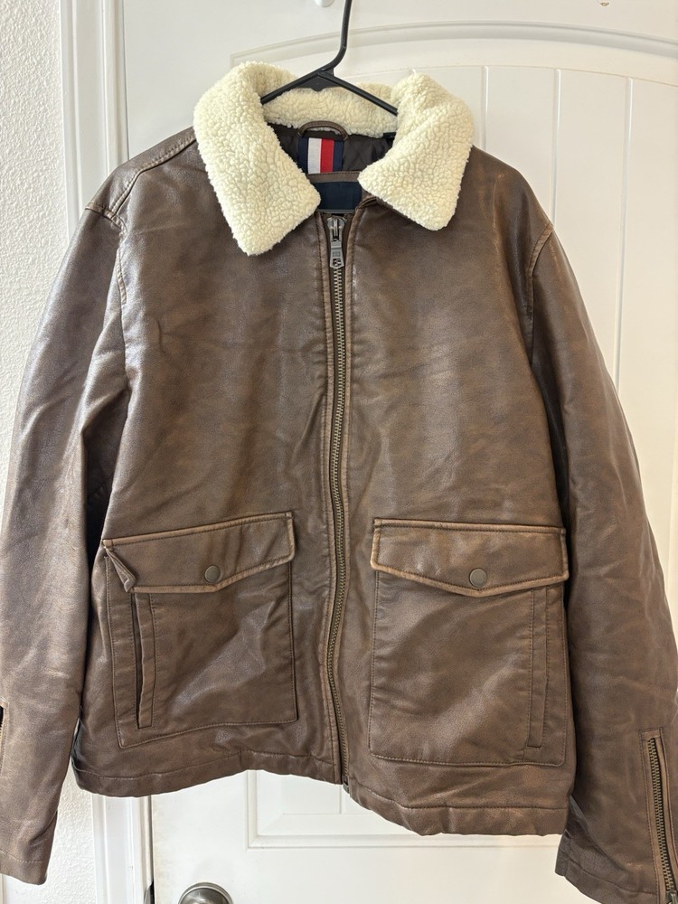 Tommy Hilfiger Brown Sherpa Collar Faux Leather Bomber Jacket XL Men's