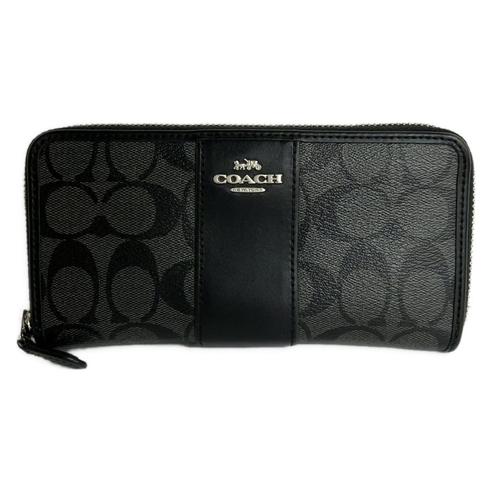 COACH F54630 Black Gray Leather Long Wallet Signature Pattern Used