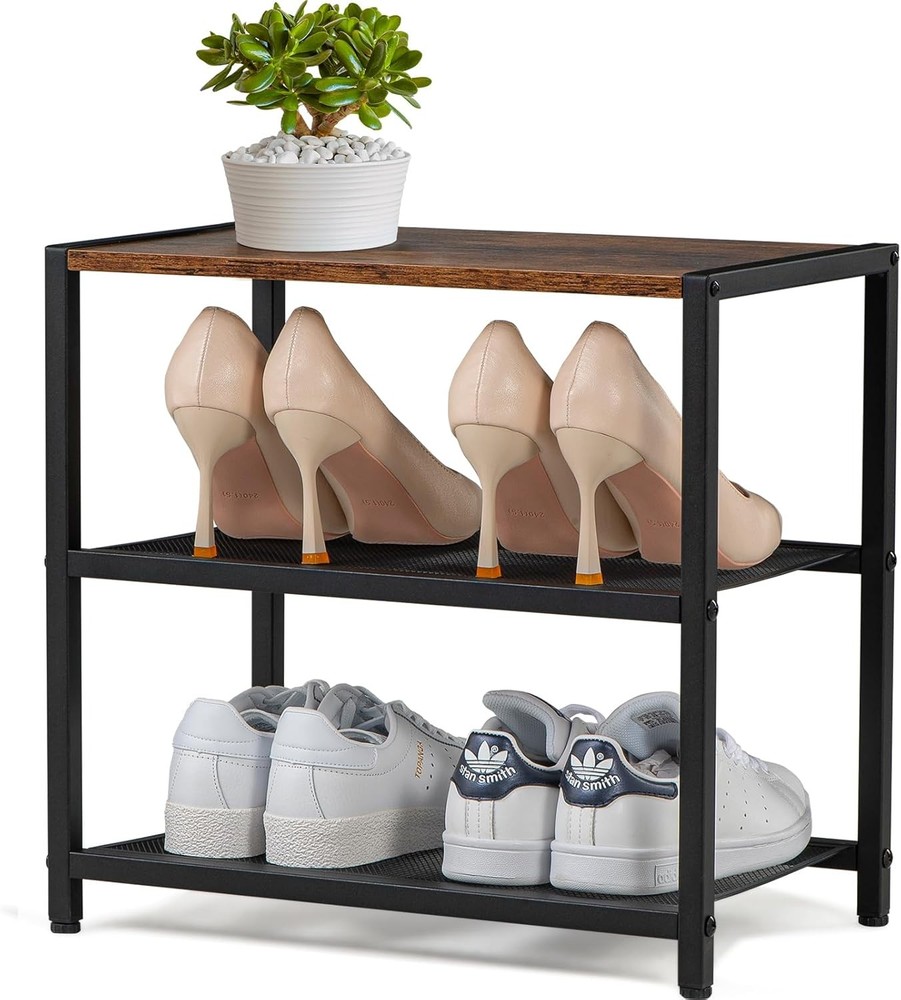 3-Tier Durable Metal Mesh Shoe Rack Industrial Freestanding Organizer