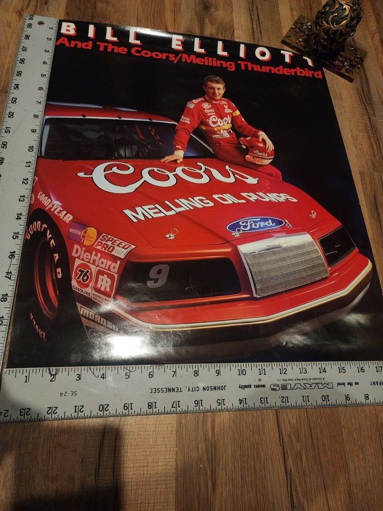 Vintage NASCAR Coors Beer Poster Bill Elliott 1986 Ford Racing Thunderbird Race