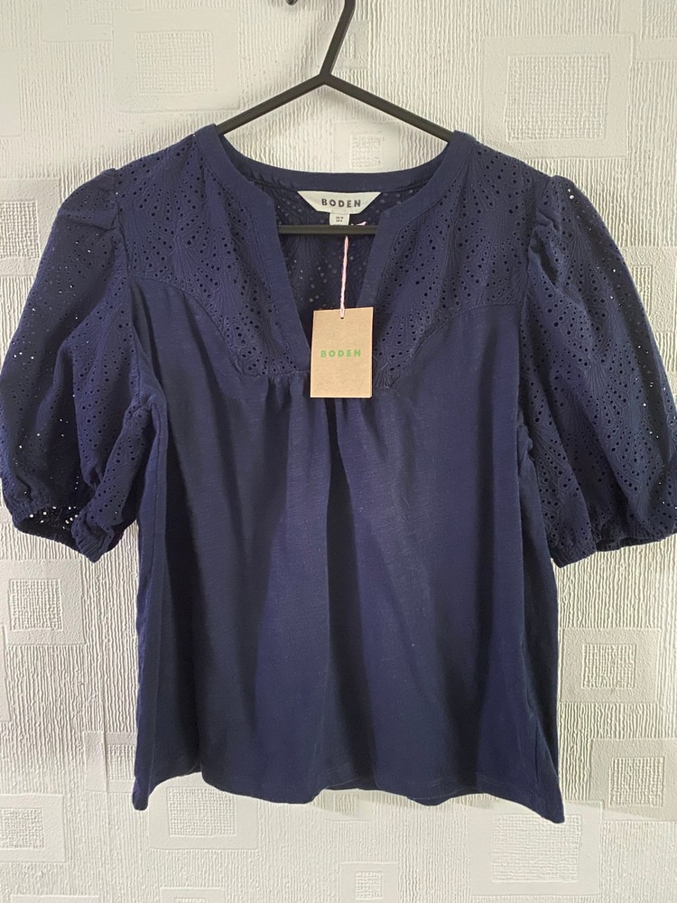 Boden Navy Blue Dolly Broderie Detail short sleeve cotton Top size  10  NEW