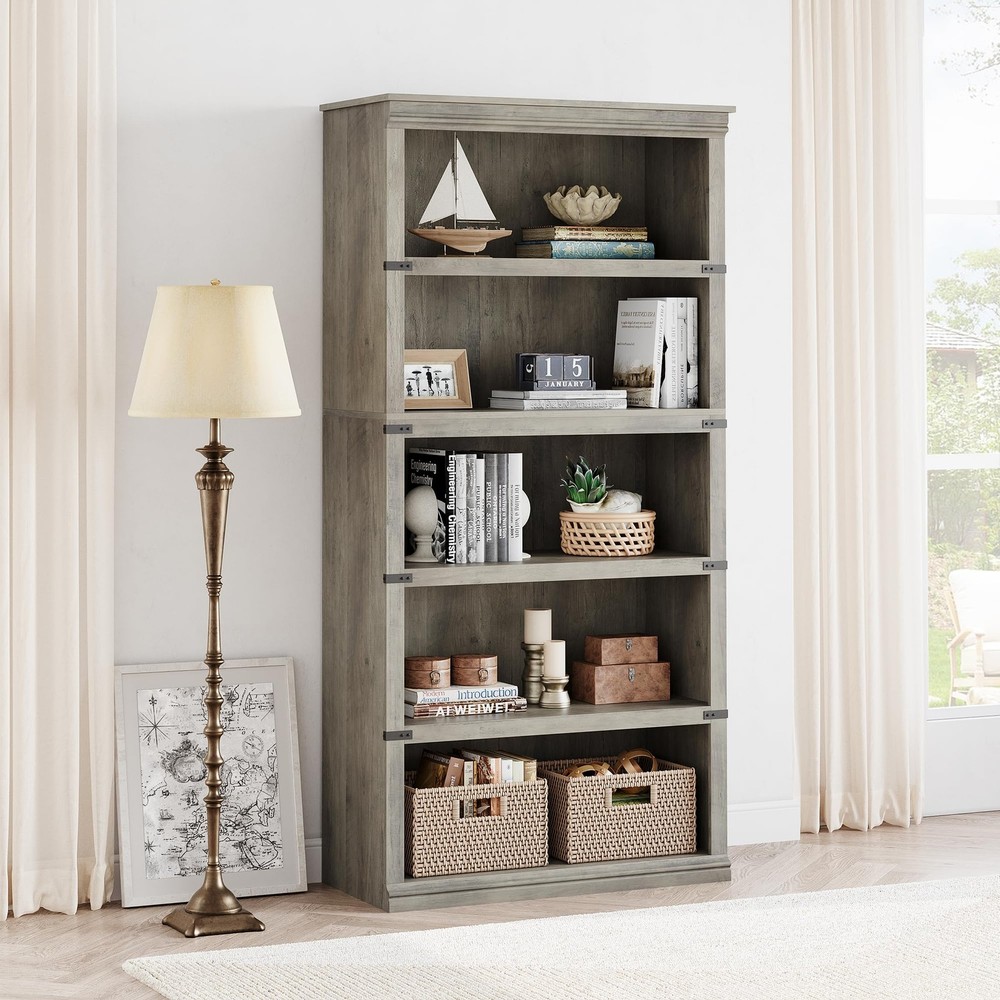 Modern 5-Tier Corner Bookshelf Wooden Farmhouse Bookcase Storage Organizer Home