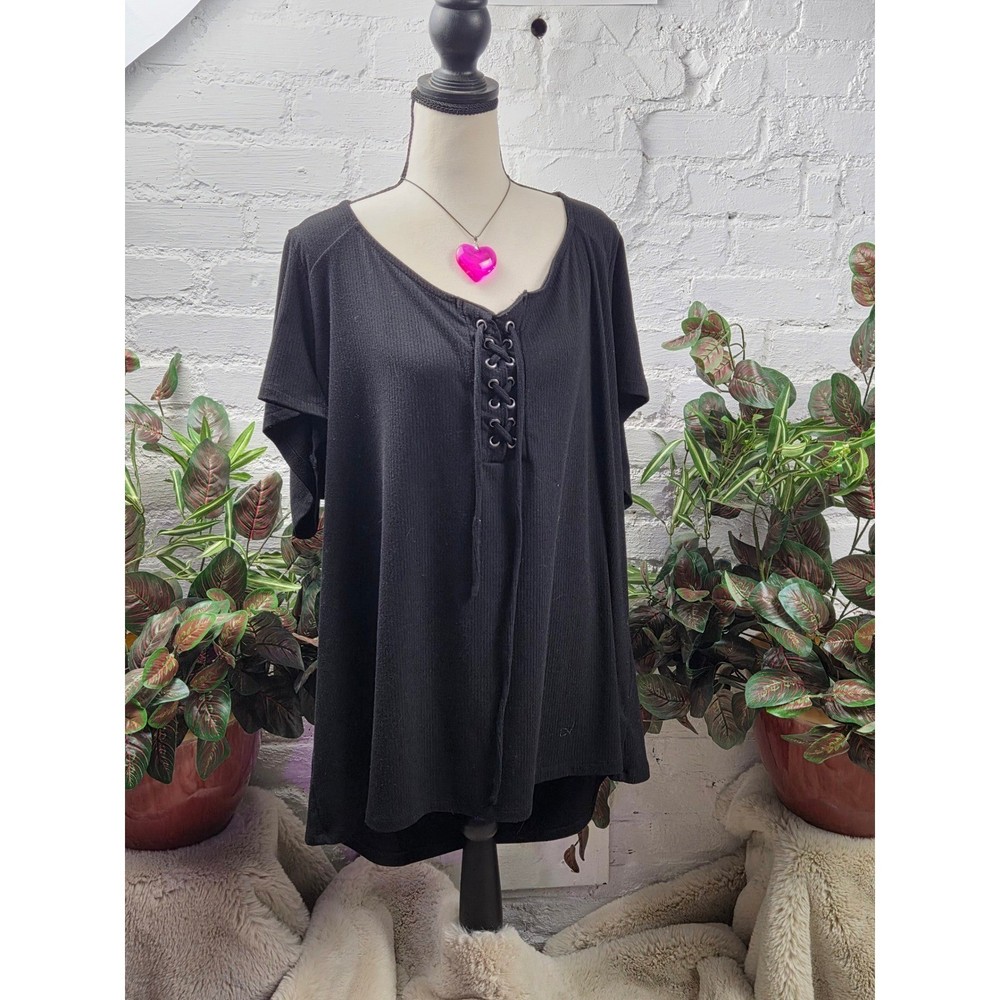 Torrid Super Soft Ribbed Black Lace Up Neck Short Sleeve Top Plus Size 6