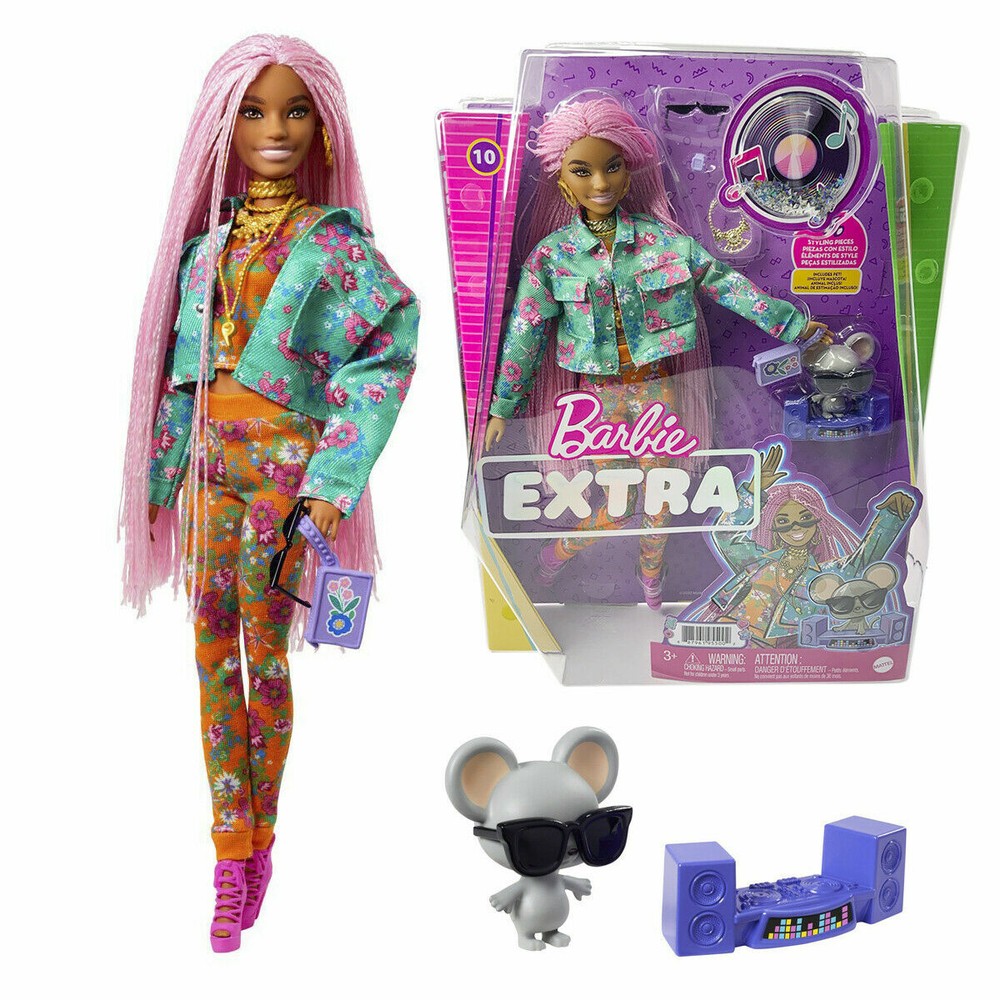NEW 15 PCS BARBIE MATTEL EXTRA DOLL #10 PINK BRAIDS FLORAL DJ MOUSE PET 12