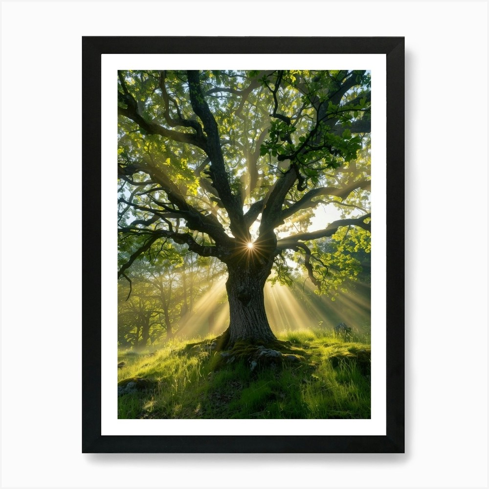 Oak Tree With Sun Rays Art Print Framed Wall Art Poster Canvas Print Picture