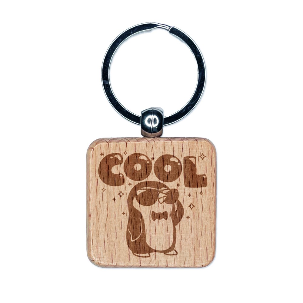 Engraved Wooden Penguin Keychain Charm – Cool Square Design