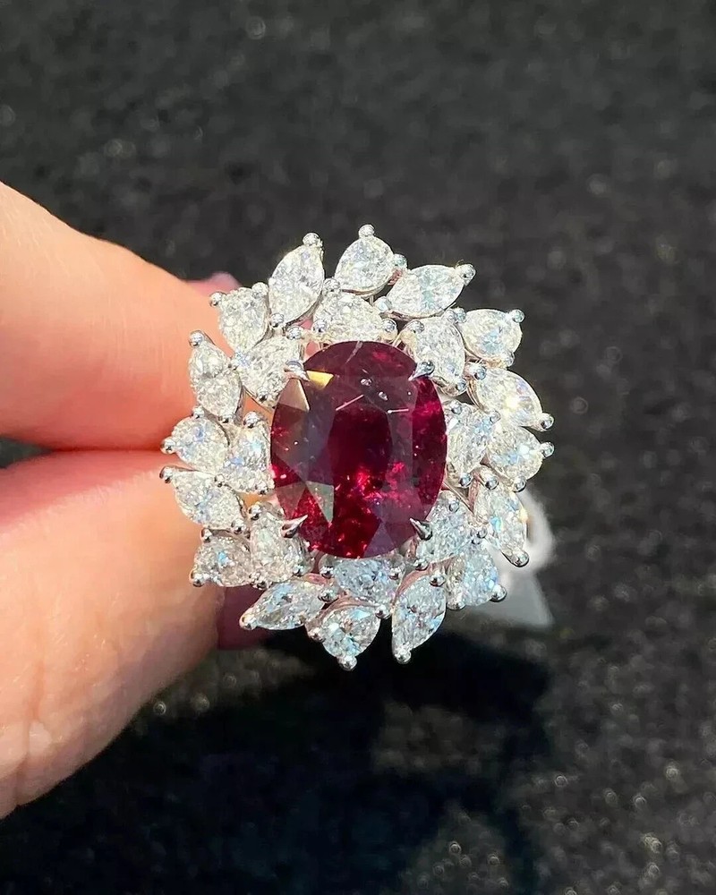 3.55 Ct Oval Cut Natural Ruby & Diamond Engagement Ring 14K White Gold