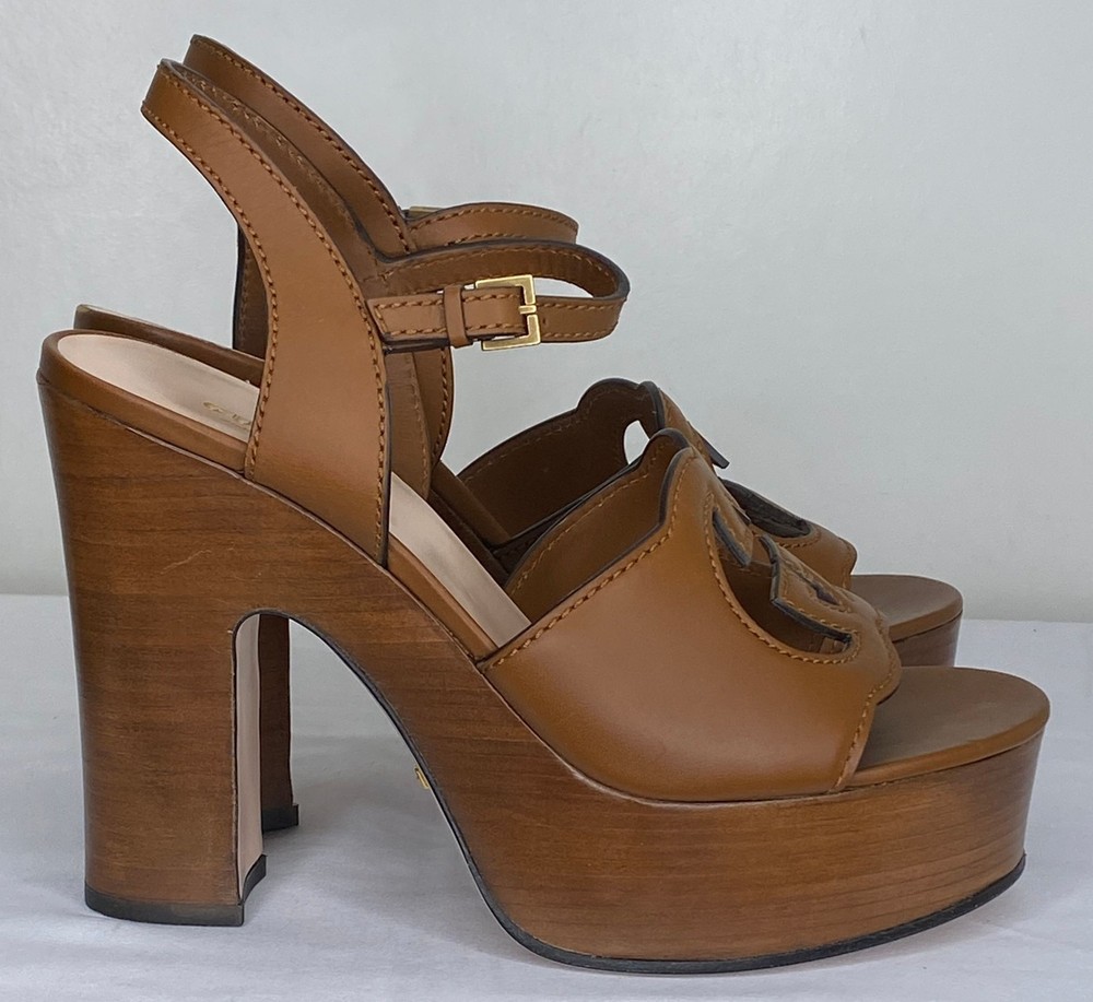 Gucci Womens Brown Cuir Platform Sandals Size 9 with G Cutout and Buckle