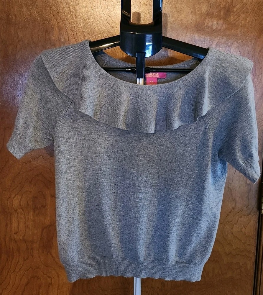 Catherine Malandrino Gray Sweater Short Sleeve Ruffle Collar Top Womens Petite M