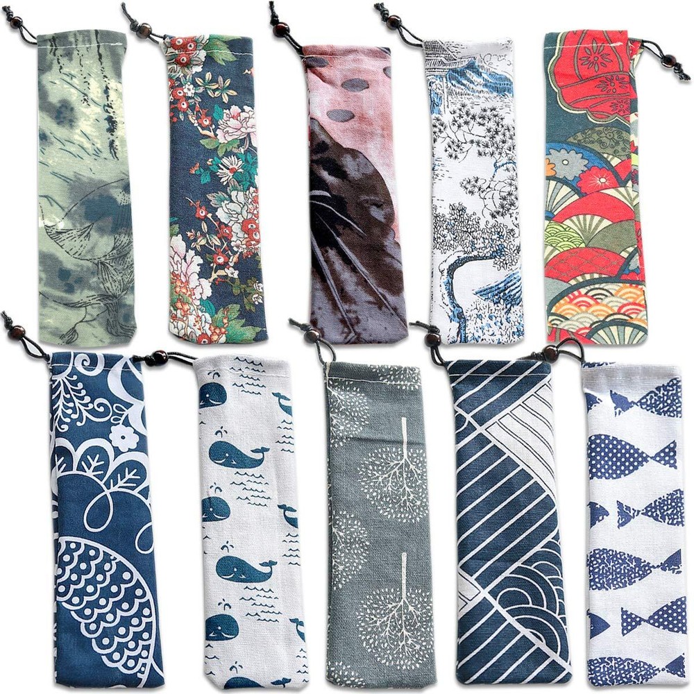 10 Pack Reusable Cloth Straw Pouch for Travel Cutlery Storage