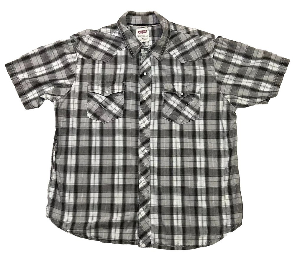 Vtg Levis Pearl Snap Shirt Western Mens XL Plaid Regular Fit Short Sleeve Gray
