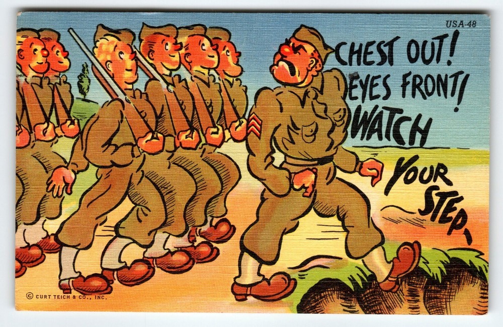 US Army Military Postcard Drill Sergeant March 1940's War Linen WW2 Humor 1942