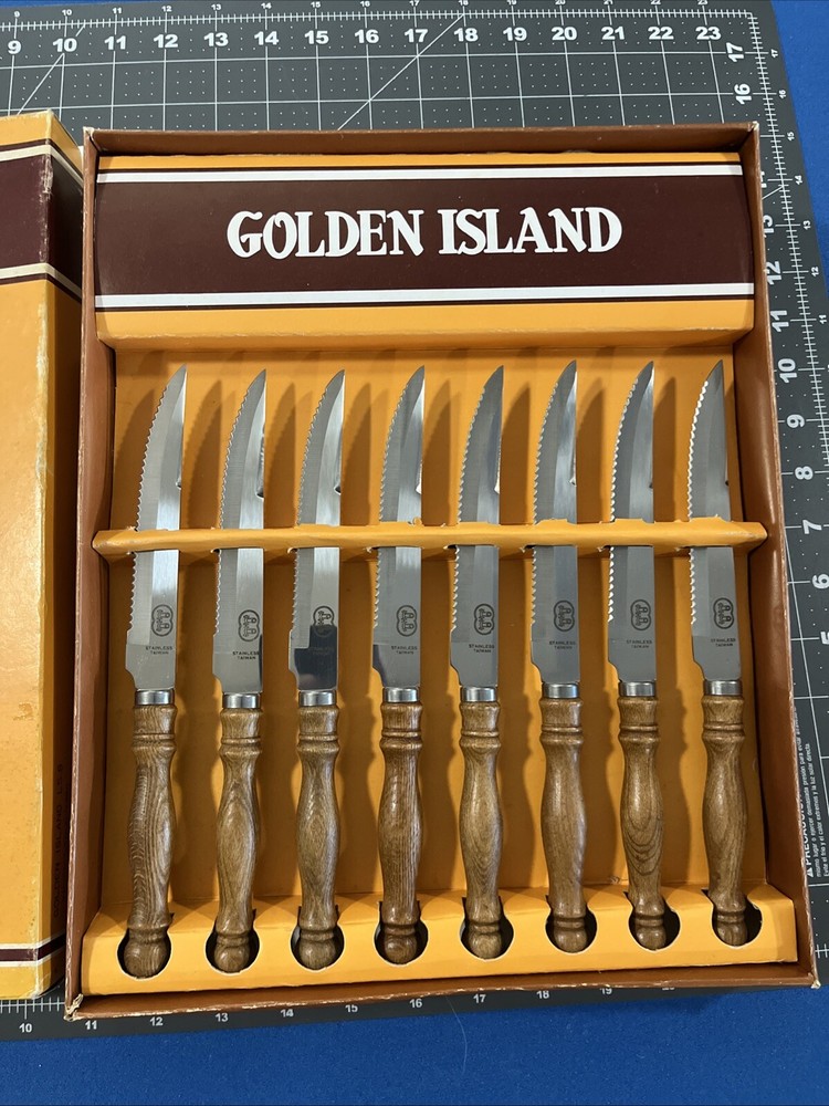 VTG Golden Island 8-Piece Gourmet Steak Knife Set Stainless Wood Handle - New