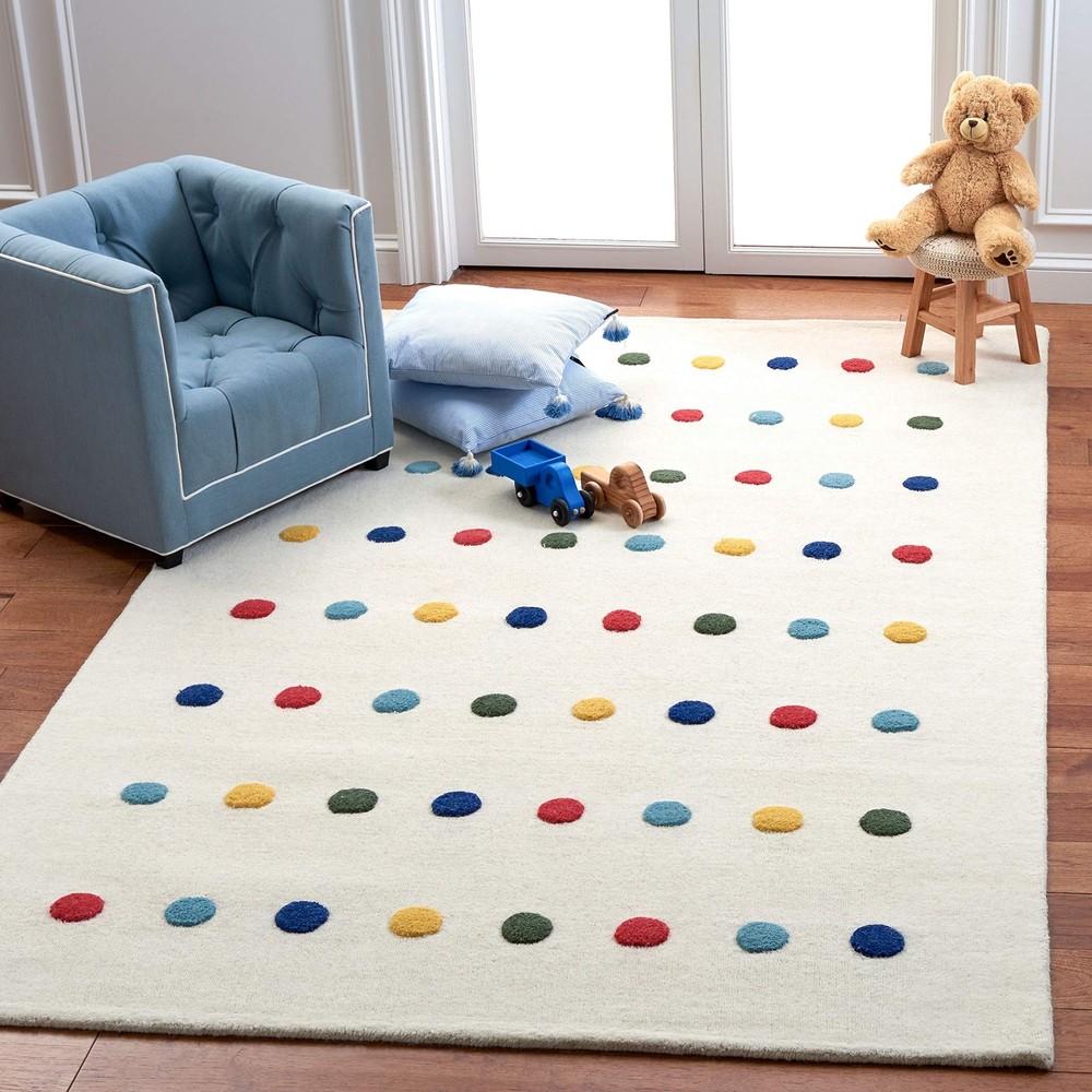 Kids Handmade Ivory Wool Polka Dot 5x5 Square Area Rug for Playroom or Nursery
