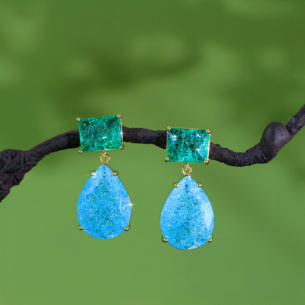 Gold Plated Cubic Zirconia Women Green Square Ice Blue Tear Drop Dangle Earrings