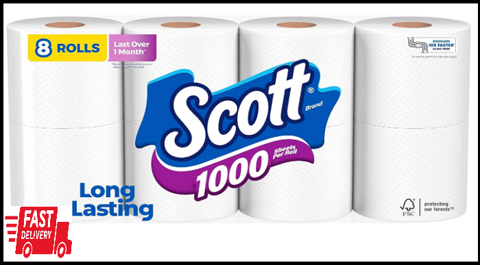 Scott 1000 Sheets Per Roll, 8 Toilet Paper Rolls, Bath Tissue