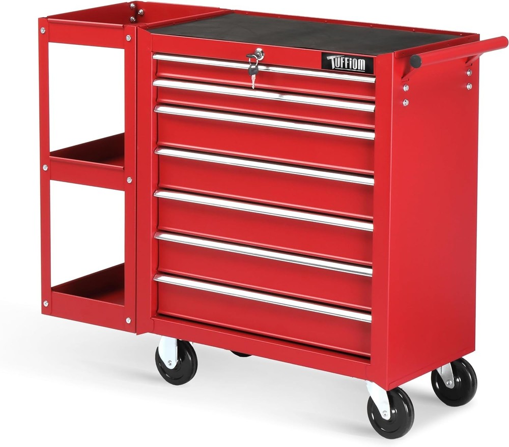 Heavy Duty 7-Drawer Rolling Tool Chest with Lock & Key, Side Shelves - Red Steel