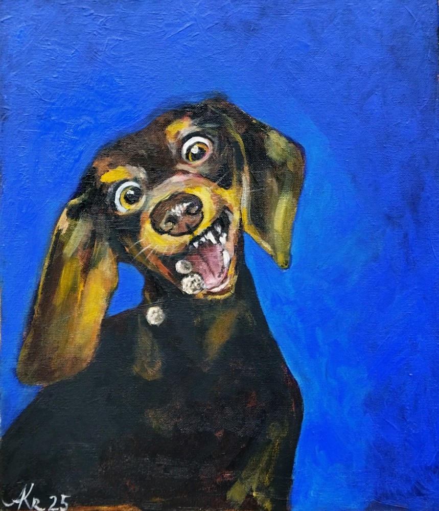 Funny Dog Acrylic Painting | Dachshund Catching Treat | 35x30cm Original Art