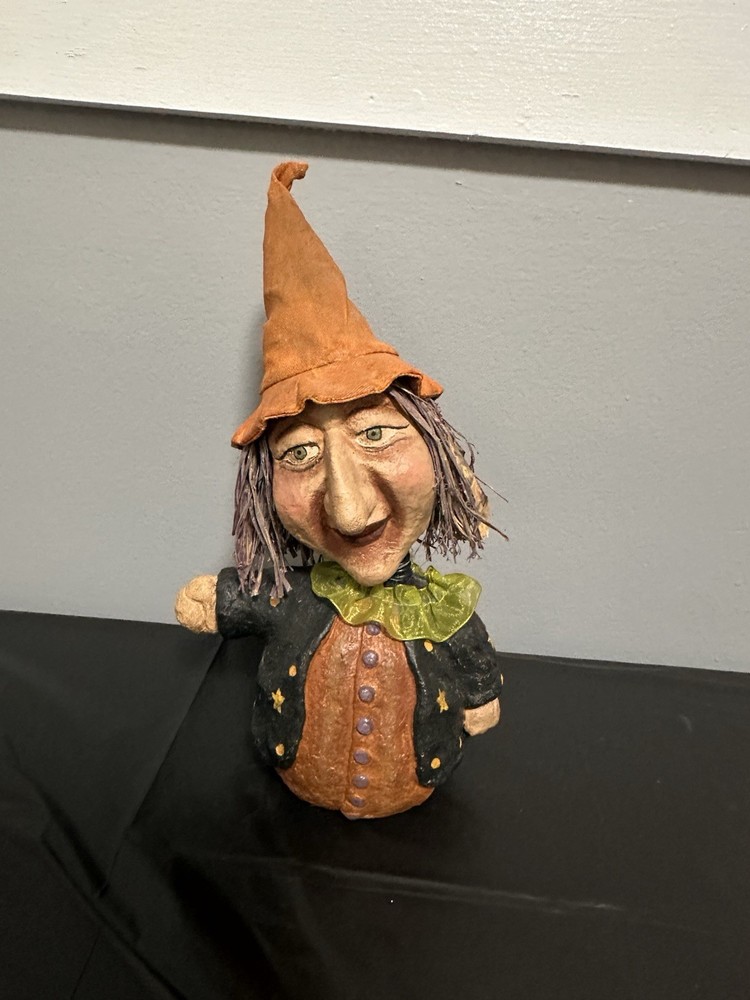 Handmade Folk Art Halloween Witch Figurine – 10” Papier-Mâché Style Rustic Decor