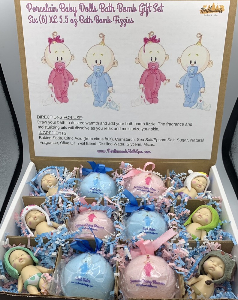 Large Porcelain Baby Doll Figurines 6-pack XL 5.5 oz Bath Bomb Gift Set for Kids