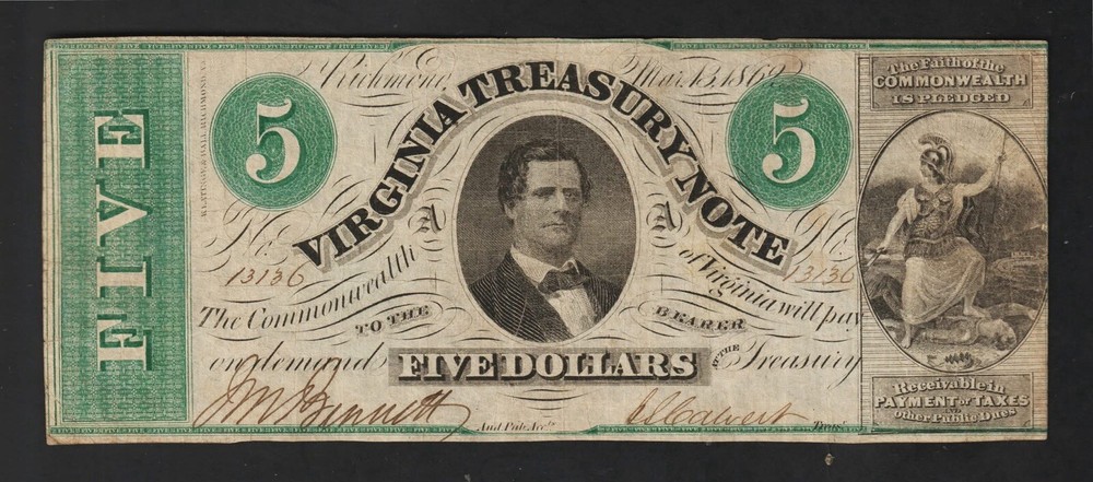 ~ 1862 $5 Five Dollars Virginia Treasury Note - Civil War Confederate Banknote