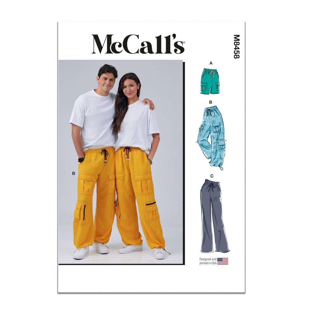 M8458A Unisex Pull On Cargo Pants and Shorts Sewing Pattern Packet, Design Co...
