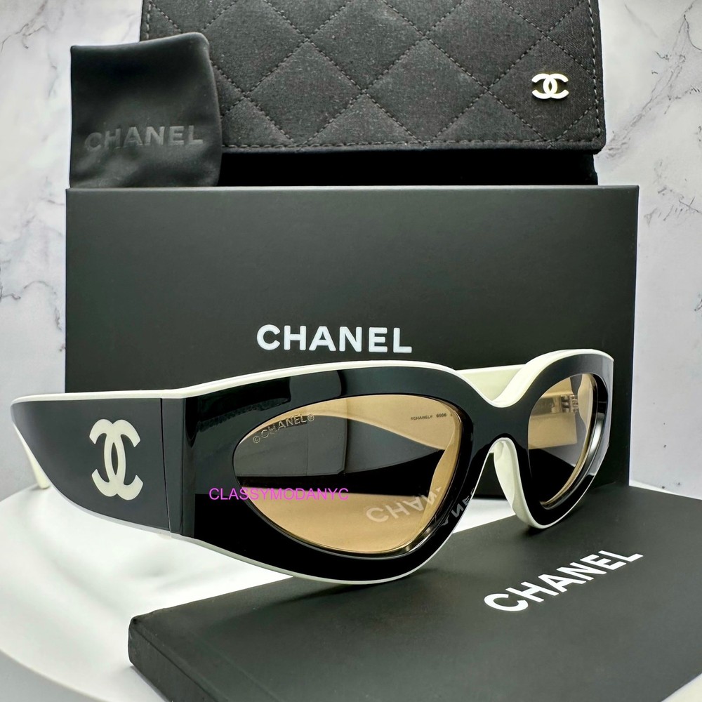 CHANEL Black Cat Eye Sunglasses with White CC Logo Limited Runway Edition