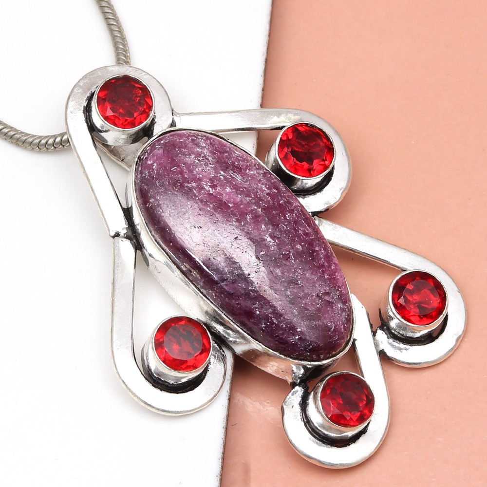 Ruby Garnet Gemstone Handmade Silver Pendant for Mother's Day 2 Inch