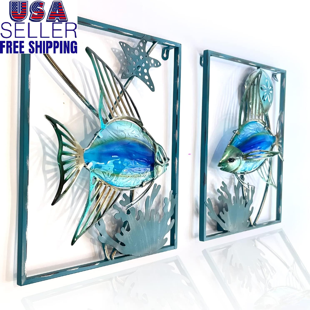 LIFFY Metal Fish Wall Decor with Frame-Outdoor Wall Art, Wall Decor with LED Fai