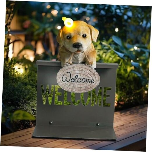 Solar-Powered Garden Statues Featuring Birds & Dogs with Welcome Fence Base