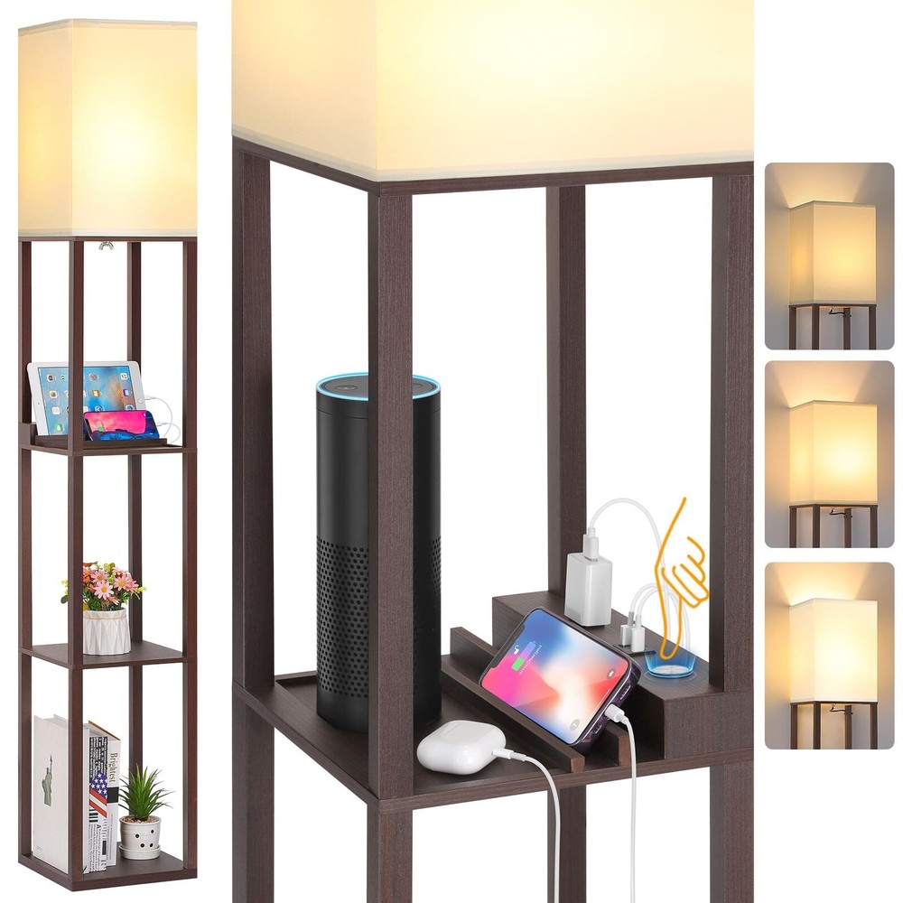 FOLKSMATE Modern LED Floor Lamp with Touch Control, USB Charging, and Built-in Shelves for Home Office Living Room