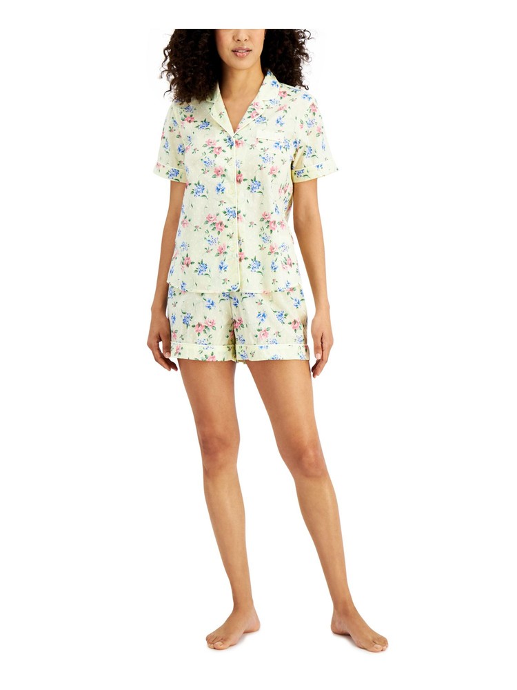 CHARTER CLUB Womens Yellow Elastic Band Button Up Top and Shorts Woven Pajamas S