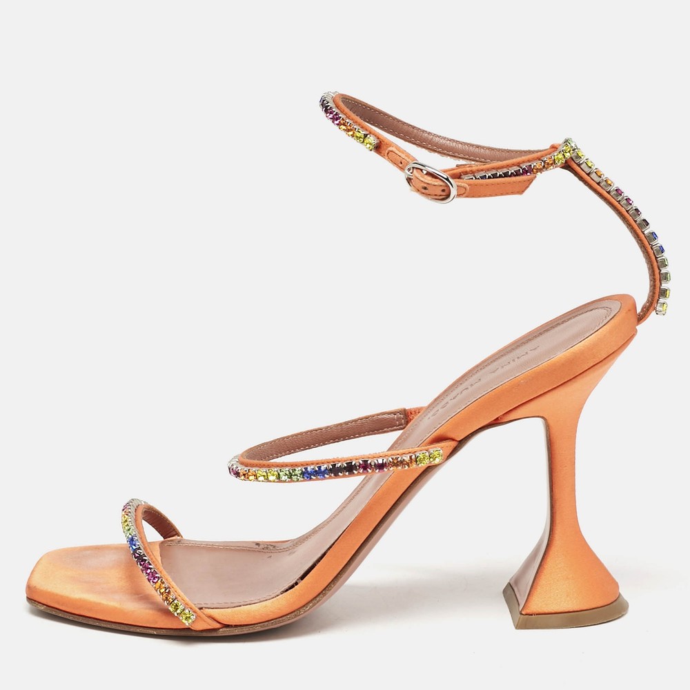 Amina Muaddi Gilda Orange Satin Crystal Ankle Strap Sandals Size 38