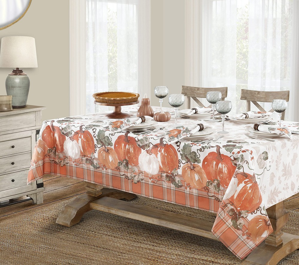 Pumpkin Gingham Country Rustic Bordered Thanksgiving Fabric Tablecloth, Autum...
