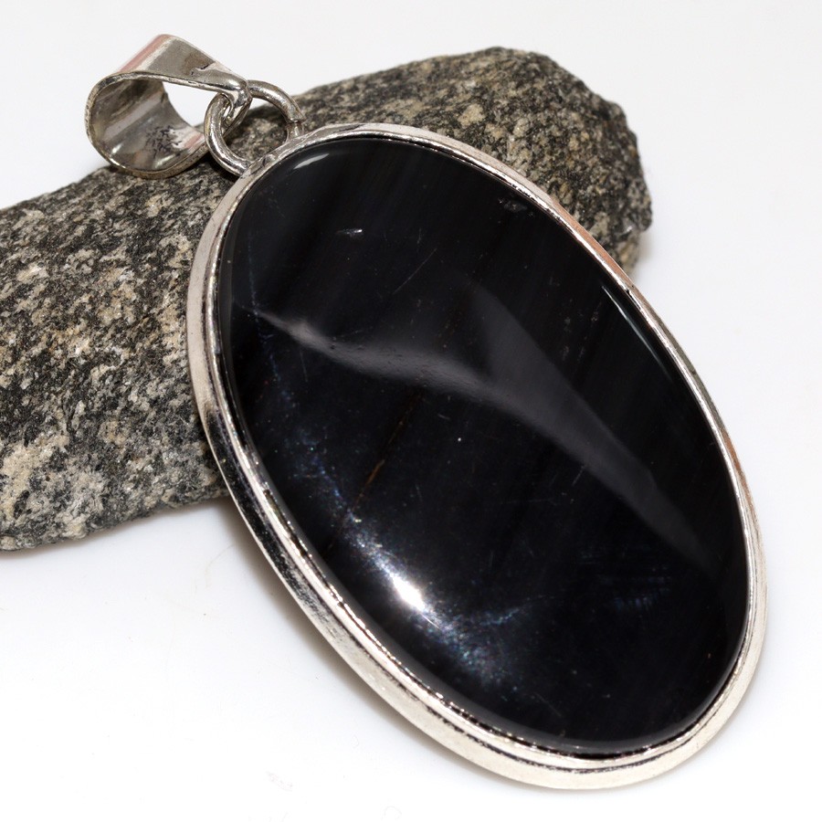 925 Silver Black Tiger Eye Ethnic Pendant 2.1 Inch Jewelry JW