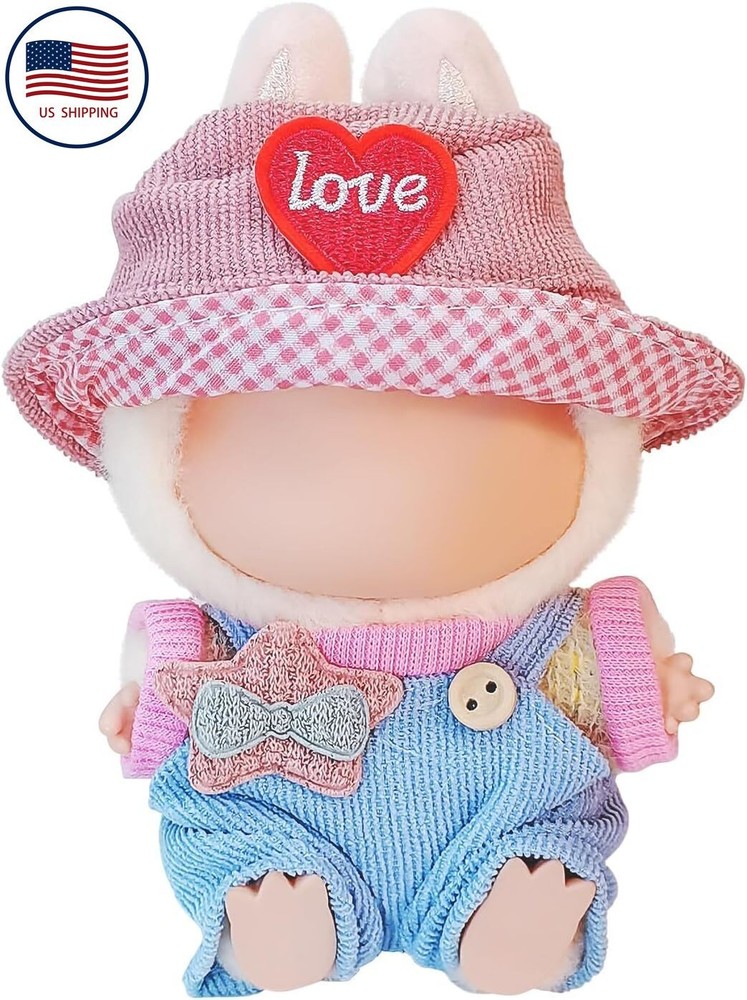 Doll Clothes for Labubu Cute Outfit Set with Accessories Bucket Hat and Overalls
