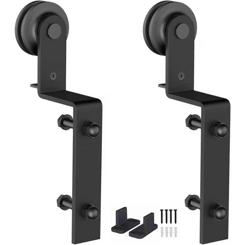 Black I-Shape Bent Wheel Sliding Barn Door Hardware Hangers 2Pcs