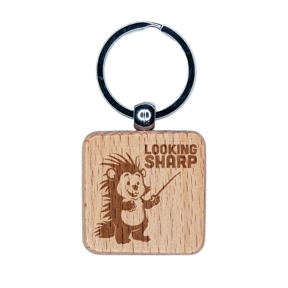 Cute Porcupine Engraved Wooden Square Keychain Charm Gift