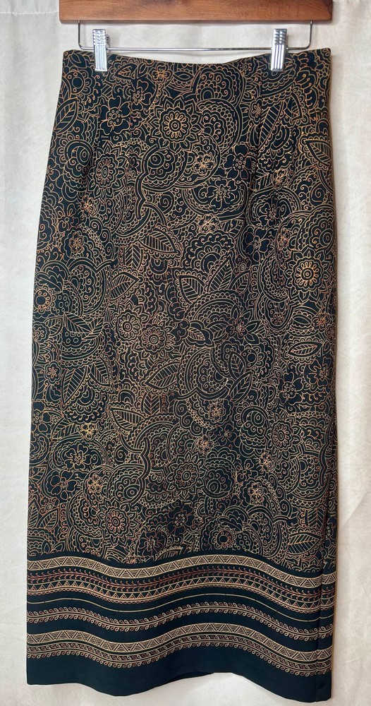 Briggs New York Black Brown Gold Paisley Midi Skirt Women’s 8 Stretch