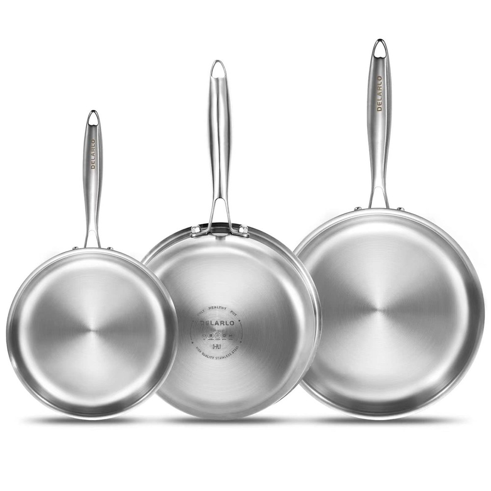 Tri-Ply Stainless Steel Frying Pan Set - 8, 10, 12 Inch Cooking Pans with Stay-Cool Handles