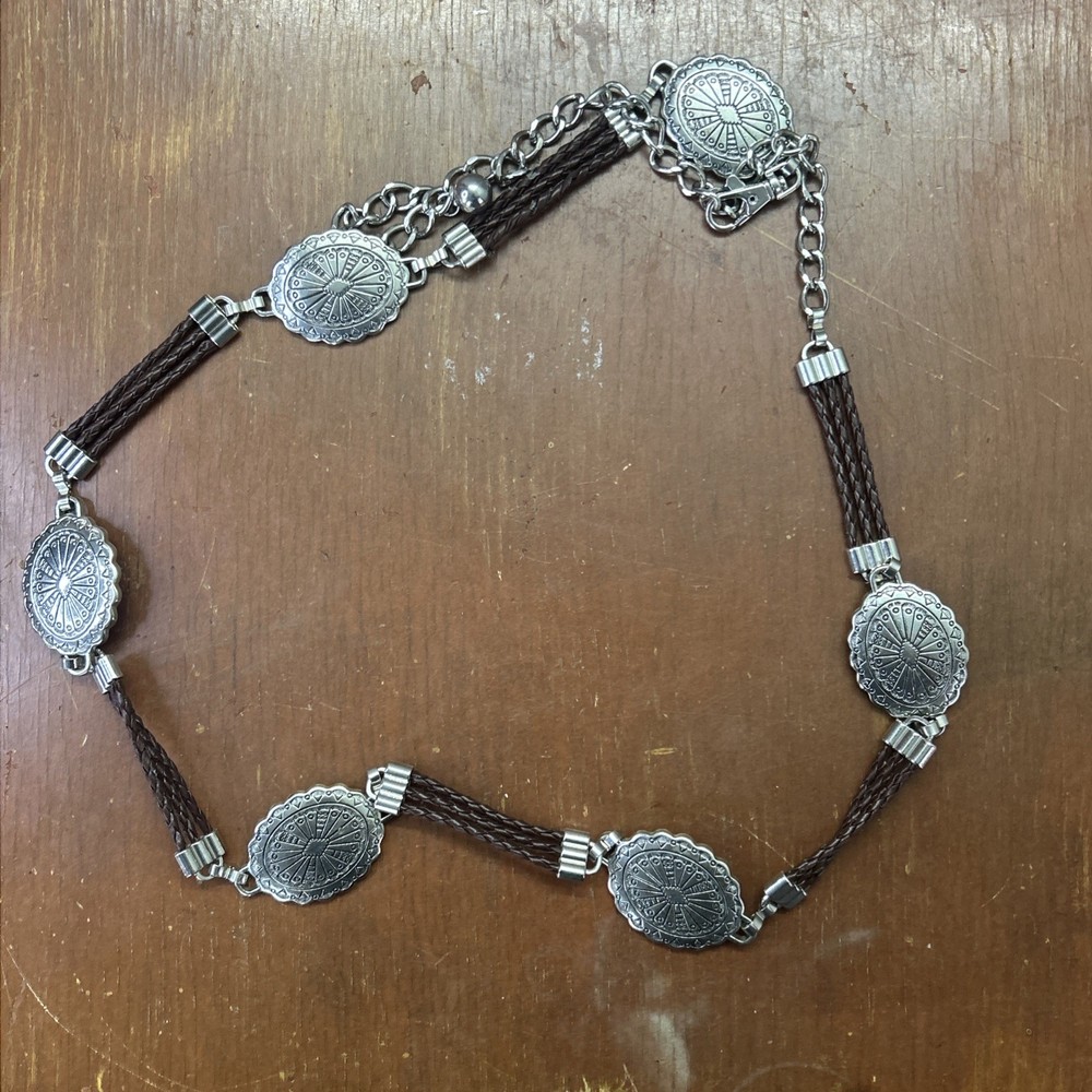 Western Concho Chain Belt Silver Tone Braided Leather Cowgirl Festival Boho
