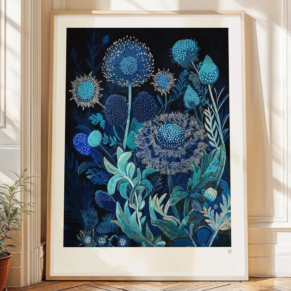 Blue Flowers Floral Art Print Rustic Botanical Block Print Woodcut Style