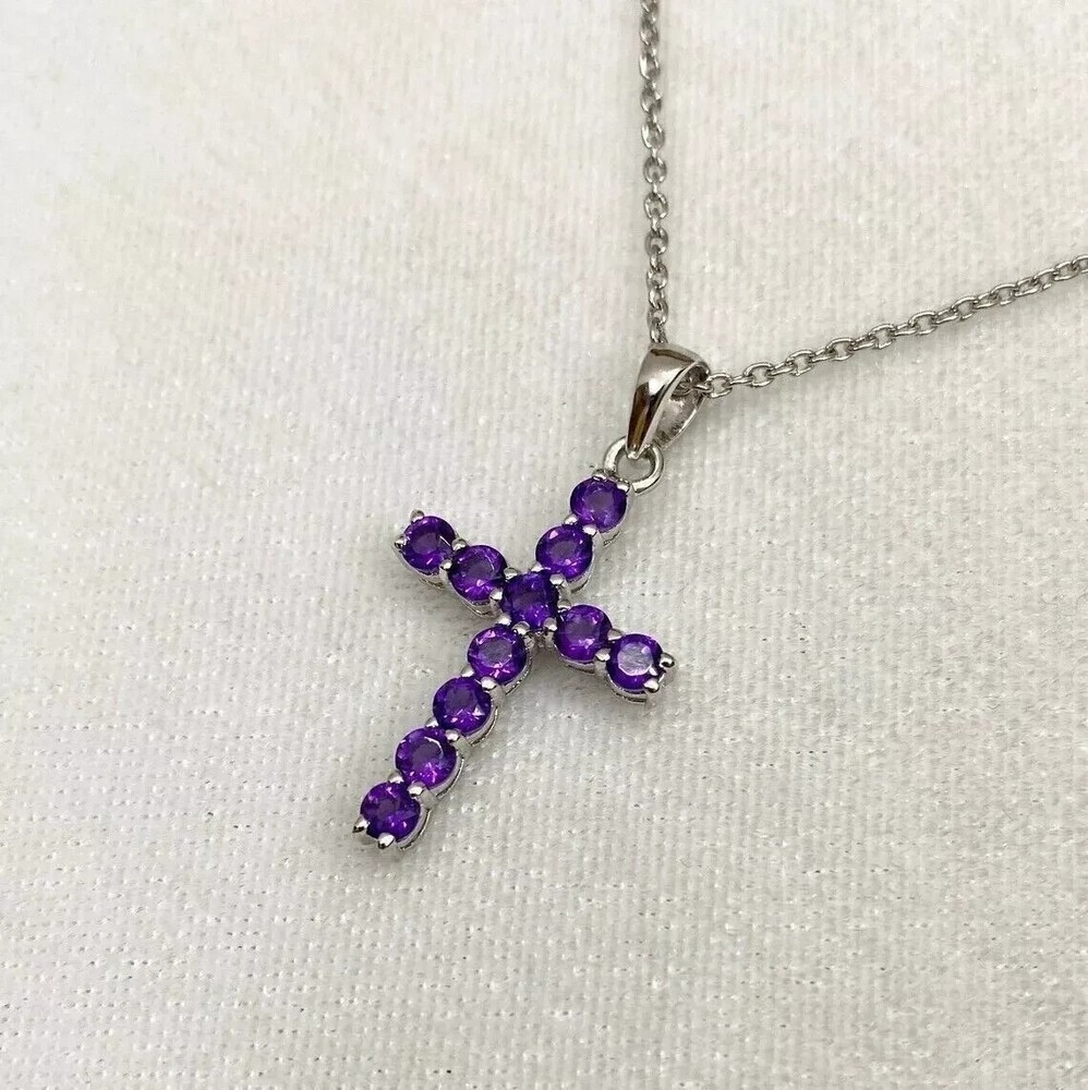2Ct Round Cut Simulated Purple Amethyst Cross Pendant In 14K White Gold Plated
