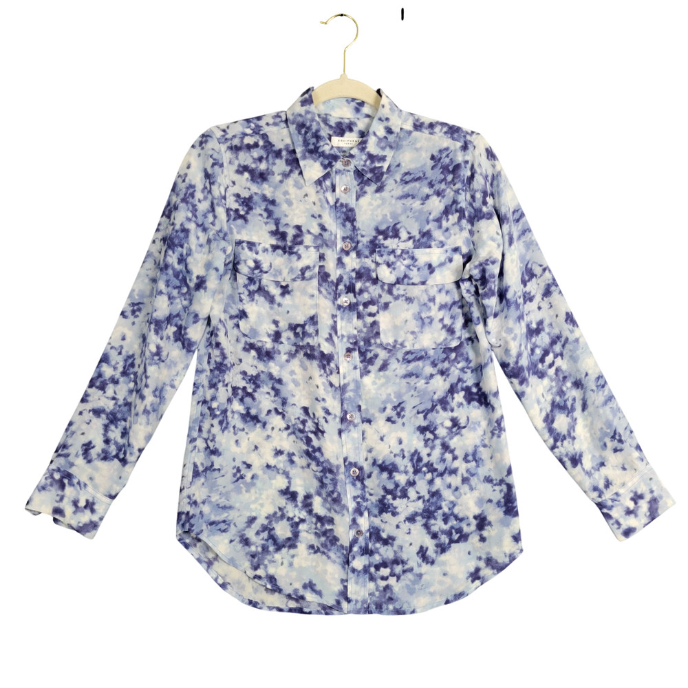 EQUIPMENT FEMME Q134-E231 Blue Silk Watercolor Tie Dye Button Up Top SIZE XS
