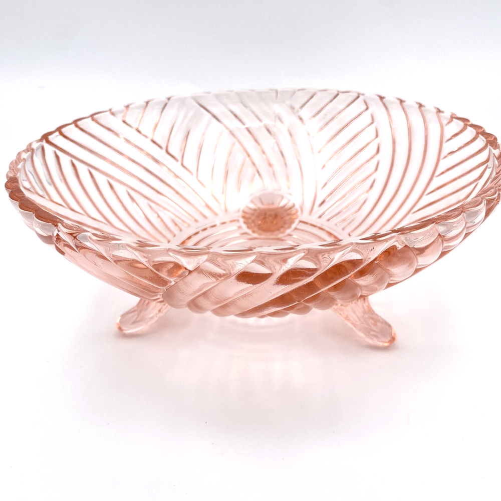 Vintage 1940s Pink Depression Glass Footed Candy Dish with Prismatic Swirl Design