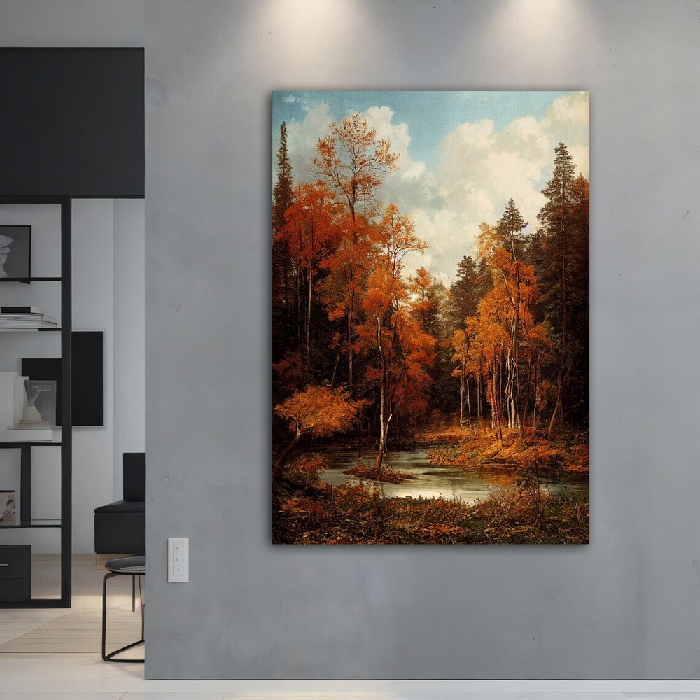 Vintage Nature View Autumn River Trees Unframed Canvas Print Australian Wall Art