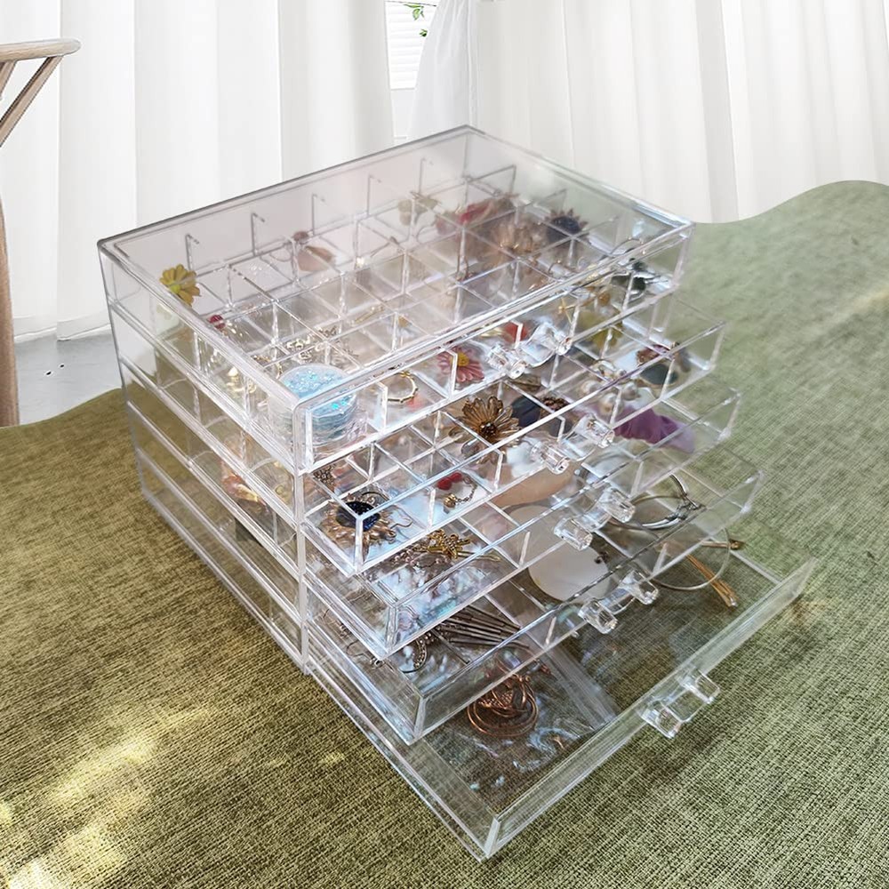 Acrylic Jewelry Box With 5 Drawers Clear Earring Storage Organizer Display Ca...